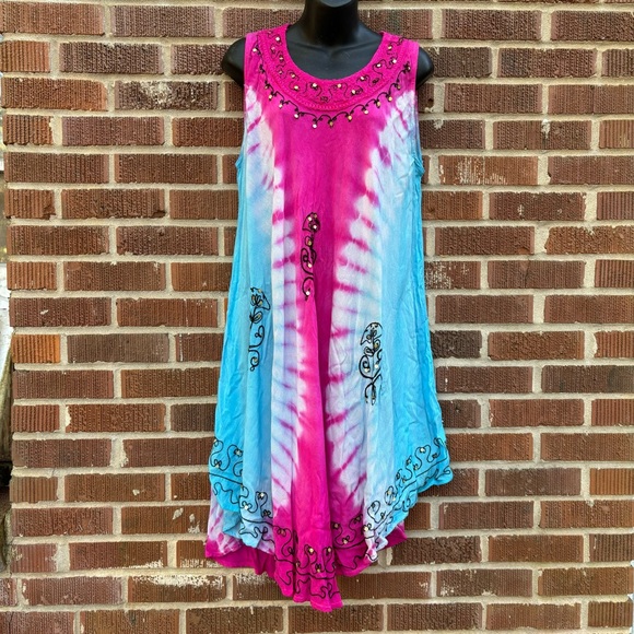 Dresses & Skirts - Embroidered Tie-Dye Umbrella Blue Pink Dress OS Light Breezy Beach Cover-Up